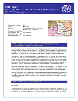 Thi-Qar Post-February 22 Emergency Idp Monitoring and Assessments May 15 – September 15, 2006