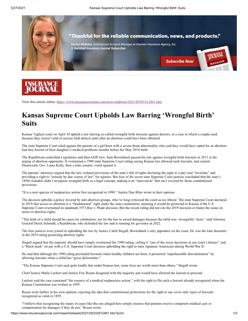 Kansas Supreme Court Upholds Law Barring 'Wrongful