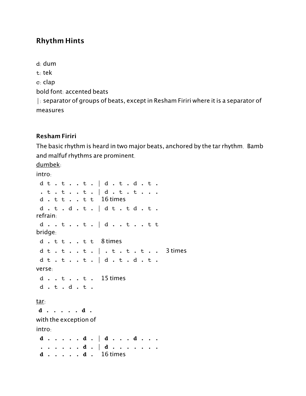 Rhythm Hints D: Dum T: Tek C: Clap Bold Font: Accented Beats |: Separator of Groups of Beats, Except in Resham Firiri Where It Is a Separator of Measures