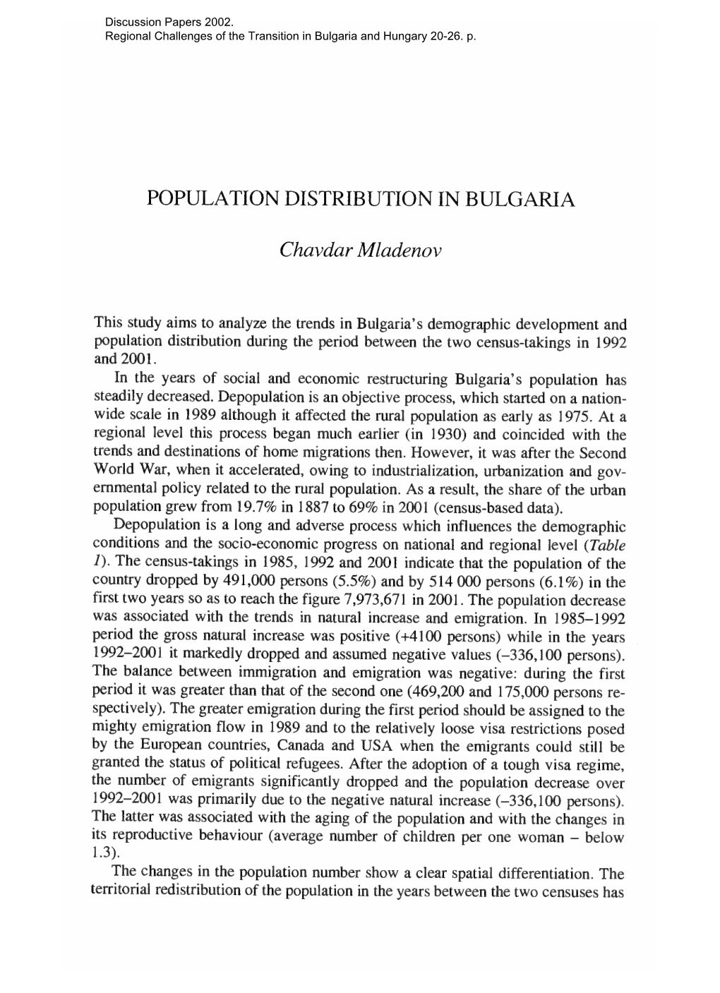 Population Distribution in Bulgaria