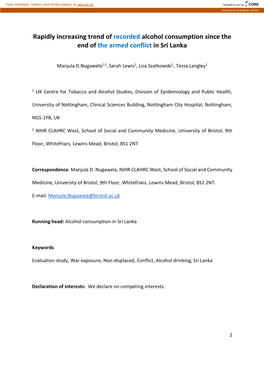 Rapidly Increasing Trend of Recorded Alcohol Consumption Since the End of the Armed Conflict in Sri Lanka