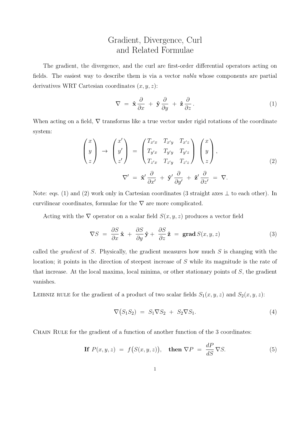 Gradient, Divergence, Curl and Related Formulae