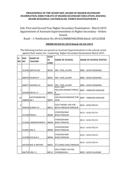 Sub: First and Second Year Higher Secondary Examination - March 2019 Appointment of Assistant Superintendents in Higher Secondary - Orders Issued