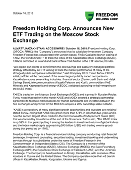 Freedom Holding Corp. Announces New ETF Trading on the Moscow Stock Exchange