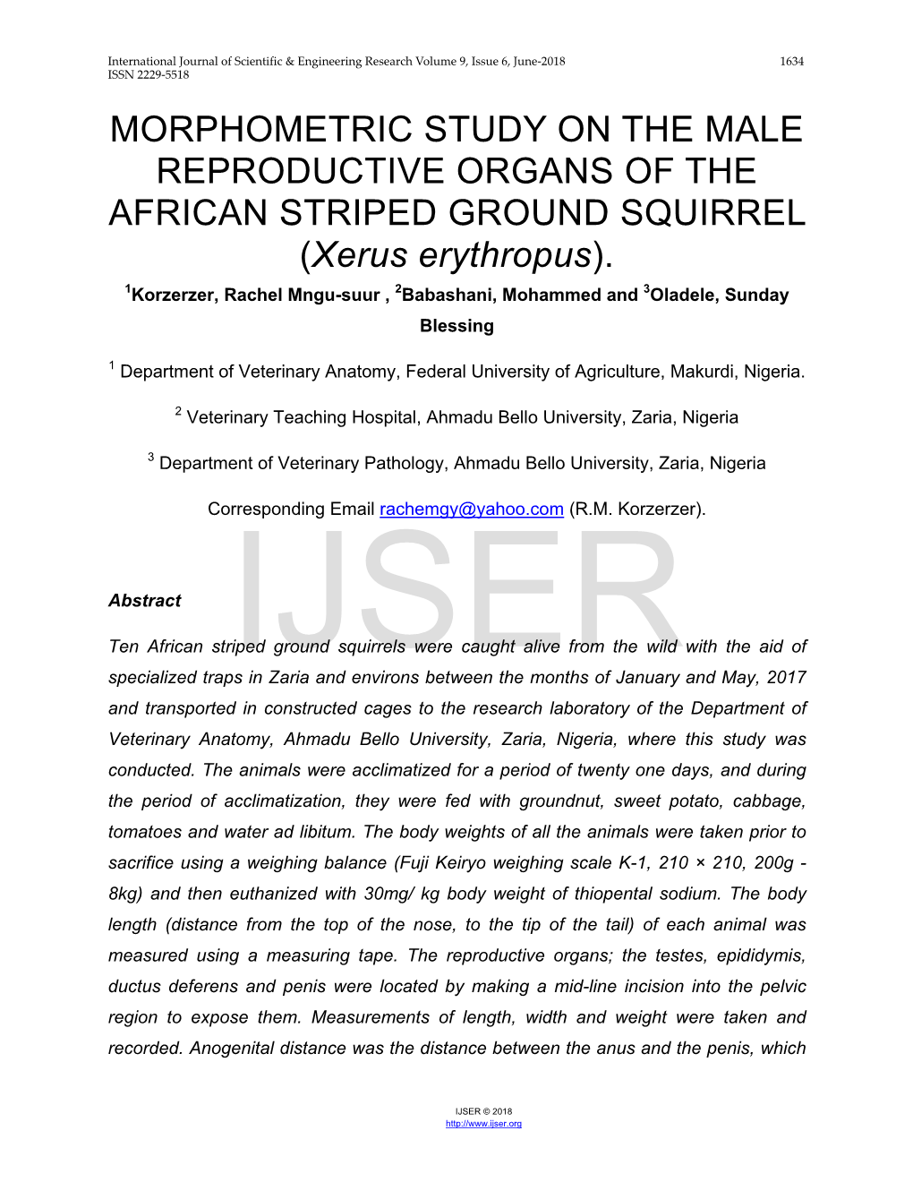 MORPHOMETRIC STUDY on the MALE REPRODUCTIVE ORGANS of the AFRICAN STRIPED GROUND SQUIRREL (Xerus Erythropus)