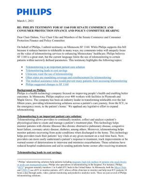 March 1, 2021 RE: PHILIPS TESTIMONY for SF 1160 for SENATE COMMERCE and CONSUMER PROTECTION FINANCE and POLICY COMMITTEE HEARING