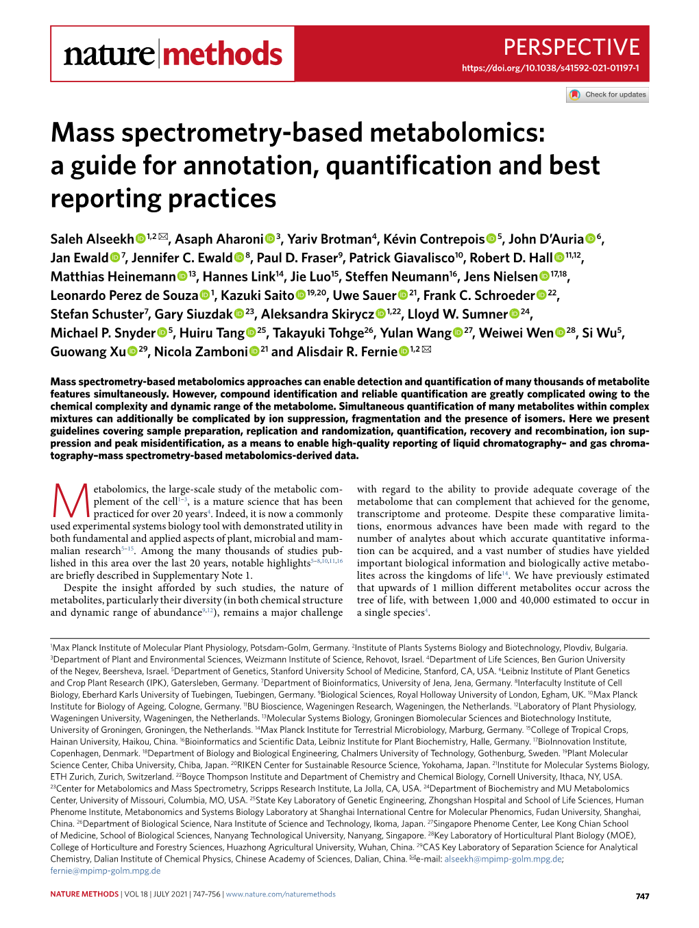 Mass Spectrometry-Based Metabolomics: a Guide for Annotation, Quantification and Best Reporting Practices