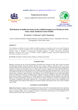 Distribution of Molluscan Fauna in the Artificial Mangroves of Pazhayar Back Water Canal, Southeast Coast of India