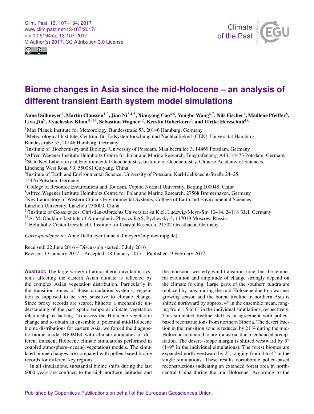 Biome Changes in Asia Since the Mid-Holocene – an Analysis of Different Transient Earth System Model Simulations