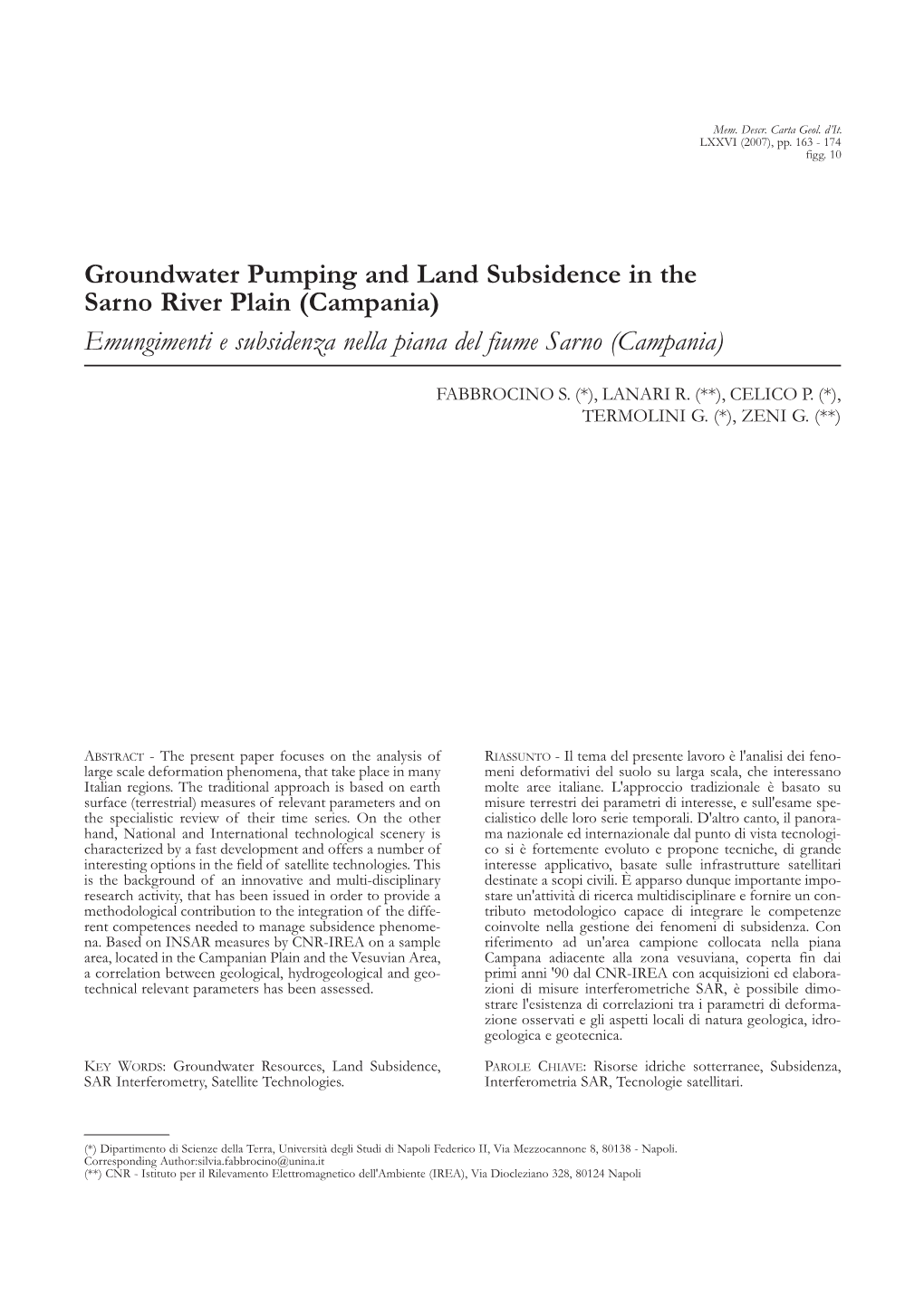 Groundwater Pumping and Land Subsidence in the Sarno River Plain (Campania) Emungimenti E Subsidenza Nella Piana Del Fiume Sarno (Campania)