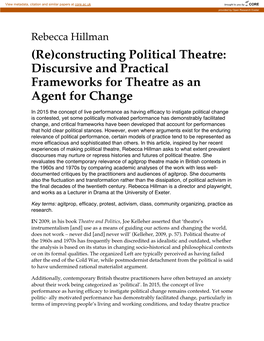 Constructing Political Theatre: Discursive and Practical Frameworks for Theatre As an Agent for Change