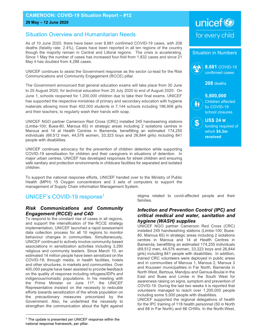 Situation Overview and Humanitarian Needs As of 10 June 2020, There Have Been Over 8,681 Confirmed COVID-19 Cases, with 208 Deaths (Fatality Rate: 2.4%)