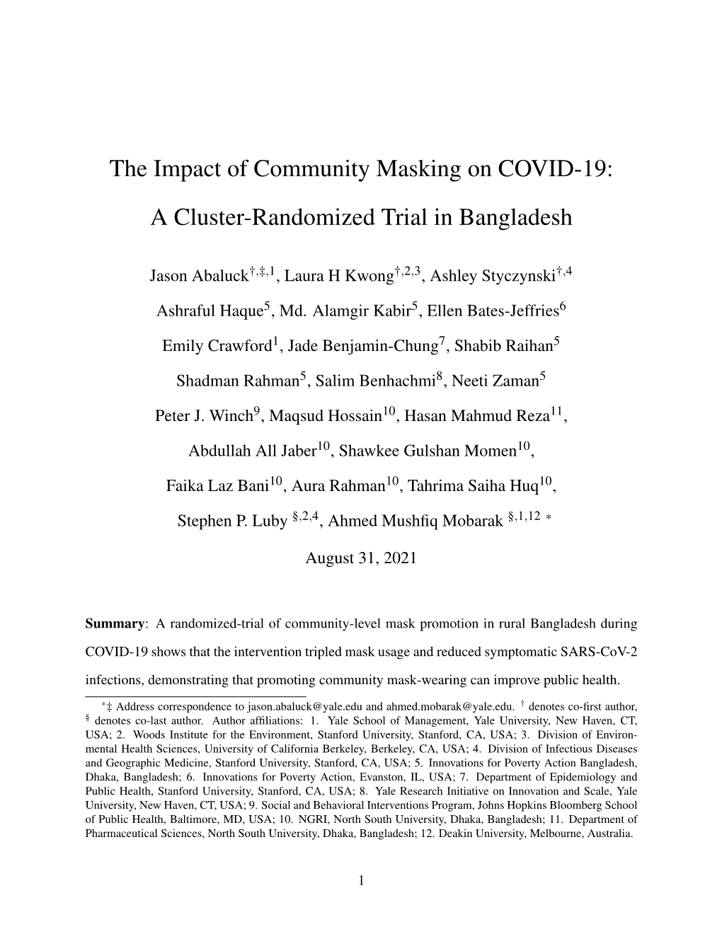 The Impact of Community Masking on COVID-19: a Cluster-Randomized Trial in Bangladesh