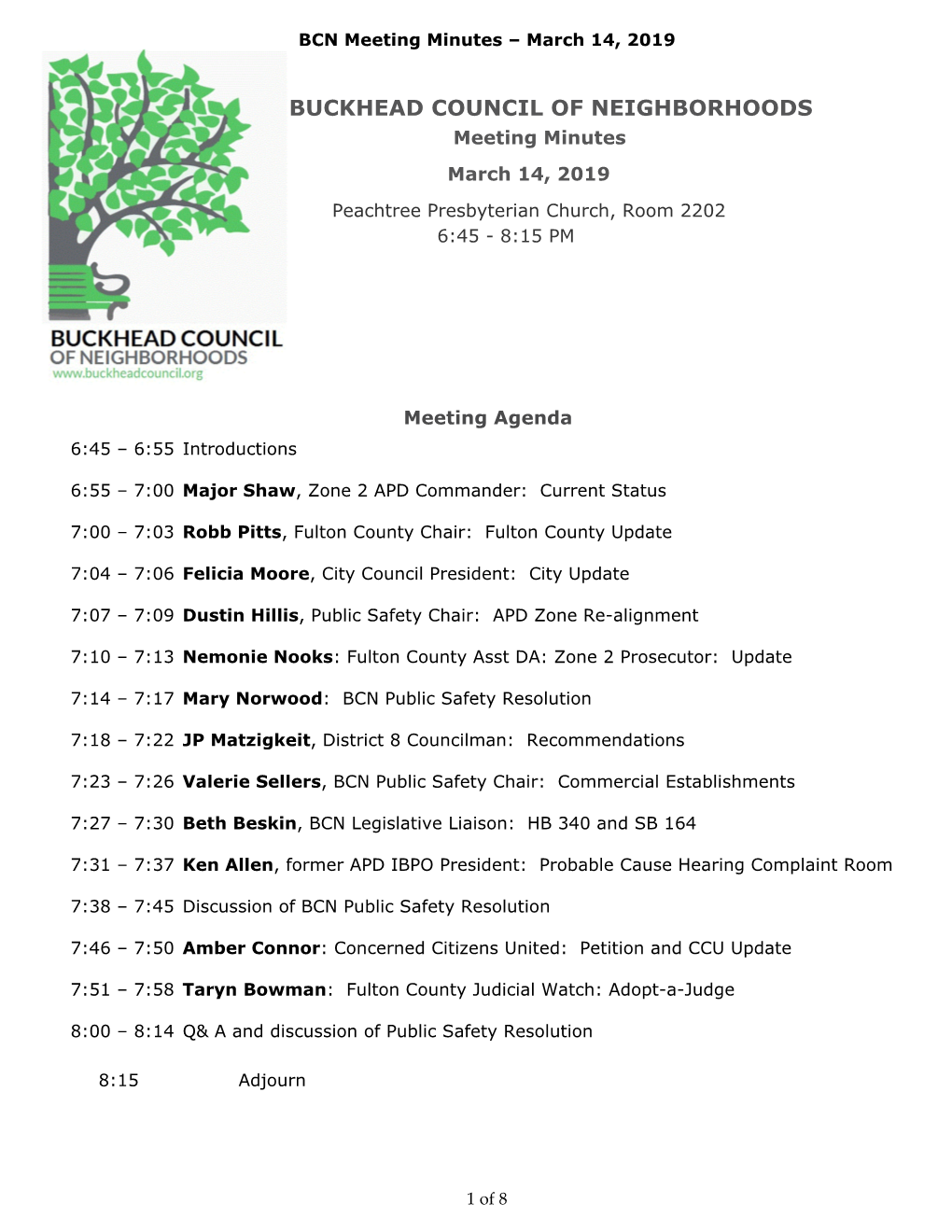 BUCKHEAD COUNCIL of NEIGHBORHOODS Meeting Minutes March 14, 2019