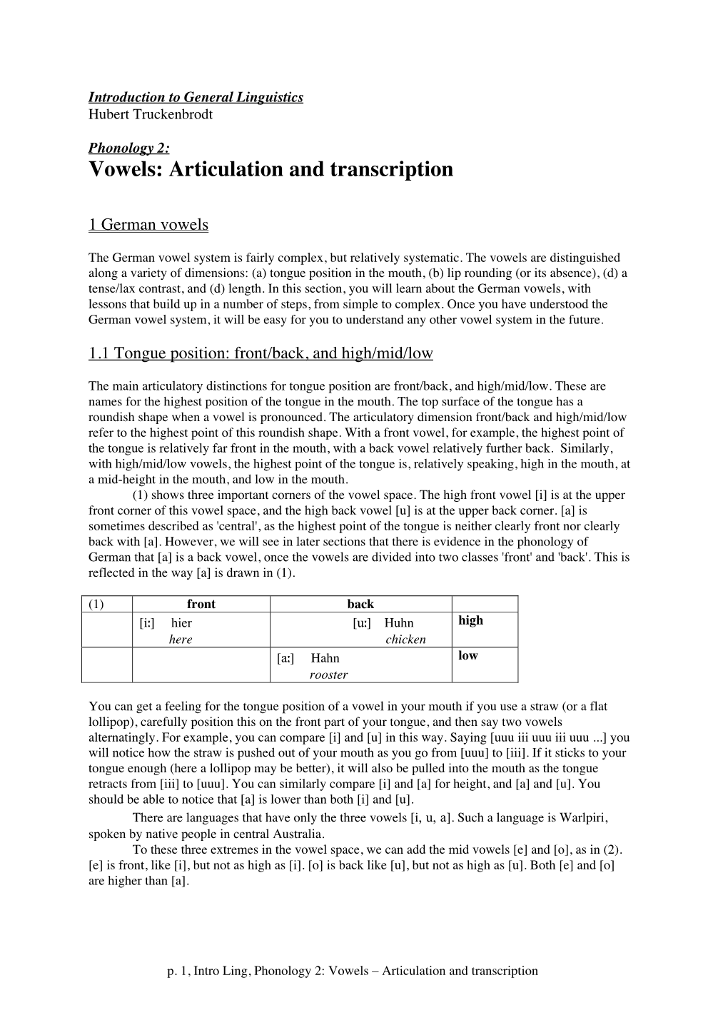 Vowels: Articulation and Transcription