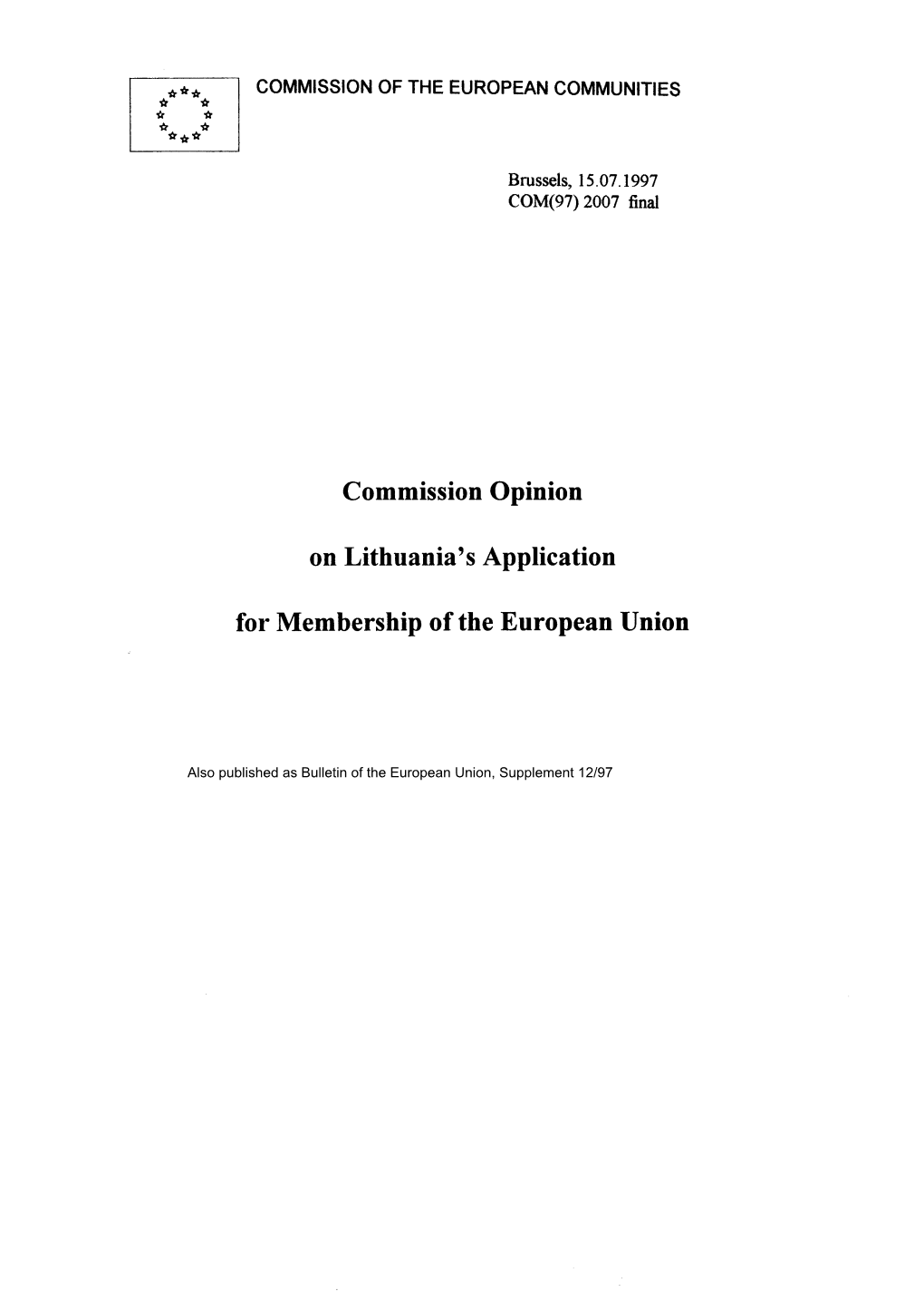 Commission Opinion on Lithuania's Application for Membership Of
