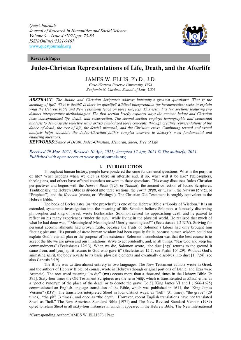 Judeo-Christian Representations of Life, Death, and the Afterlife