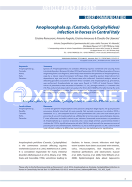 Anoplocephala Sp. (Cestoda, Cyclophyllidea) Infection in Horses in Central Italy