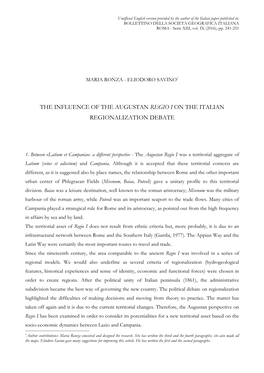 The Influence of the Augustan Regio I on the Italian Regionalization Debate