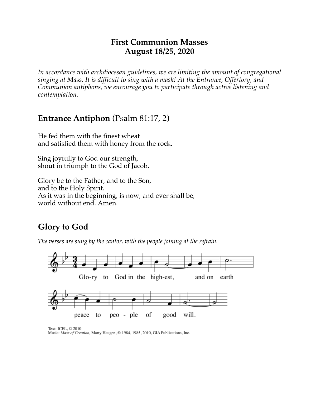 First Communion Masses August 18/25, 2020 Entrance Antiphon