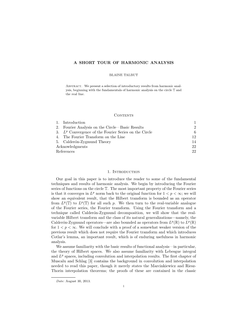 A Short Tour of Harmonic Analysis