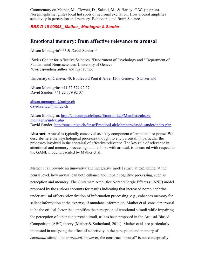 Emotional Memory: from Affective Relevance to Arousal