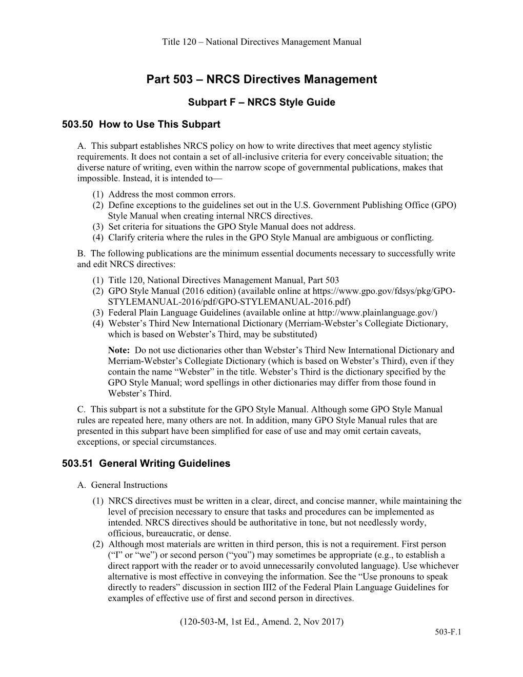 Part 503 – NRCS Directives Management