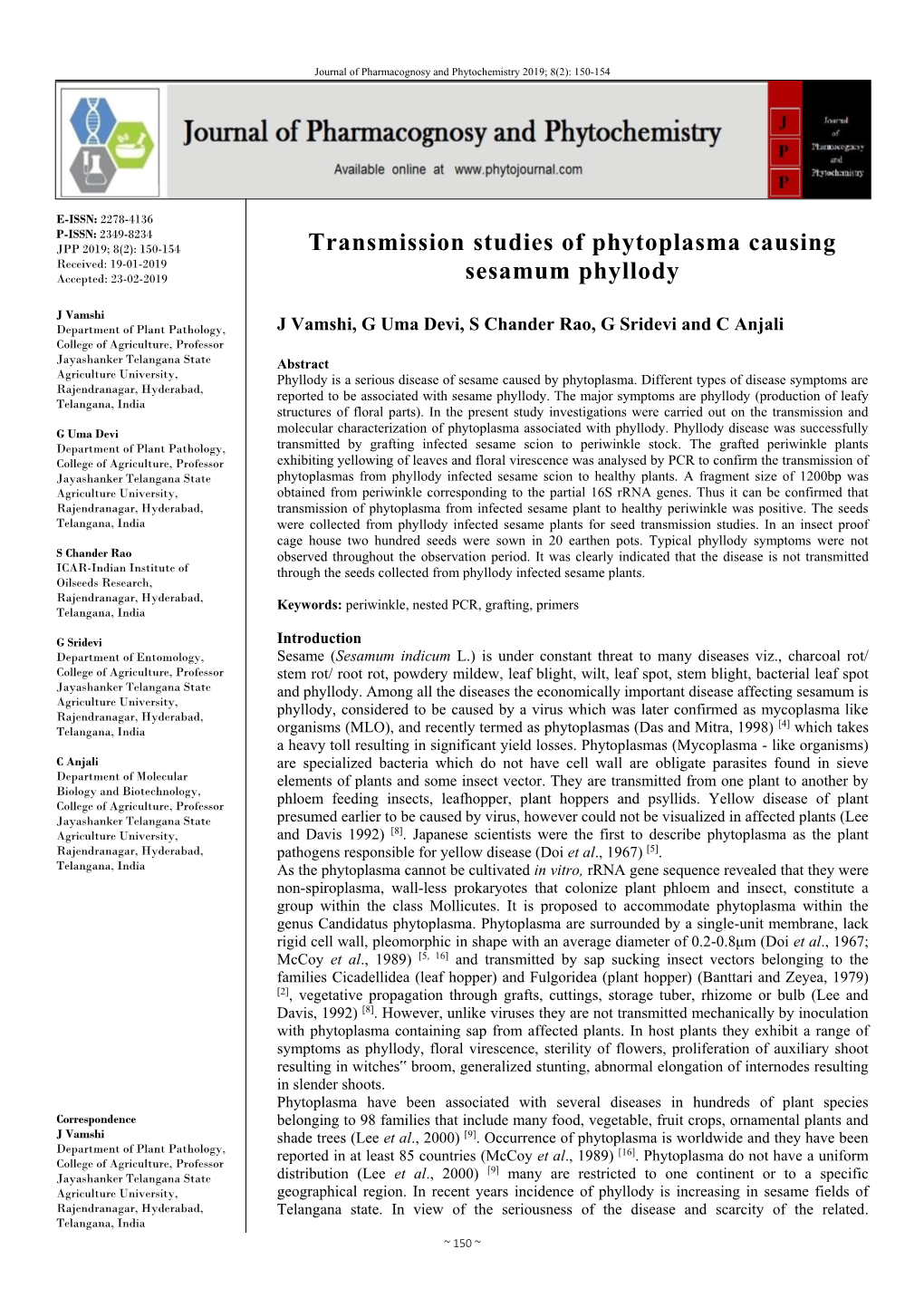 Transmission Studies of Phytoplasma Causing Sesamum Phyllody