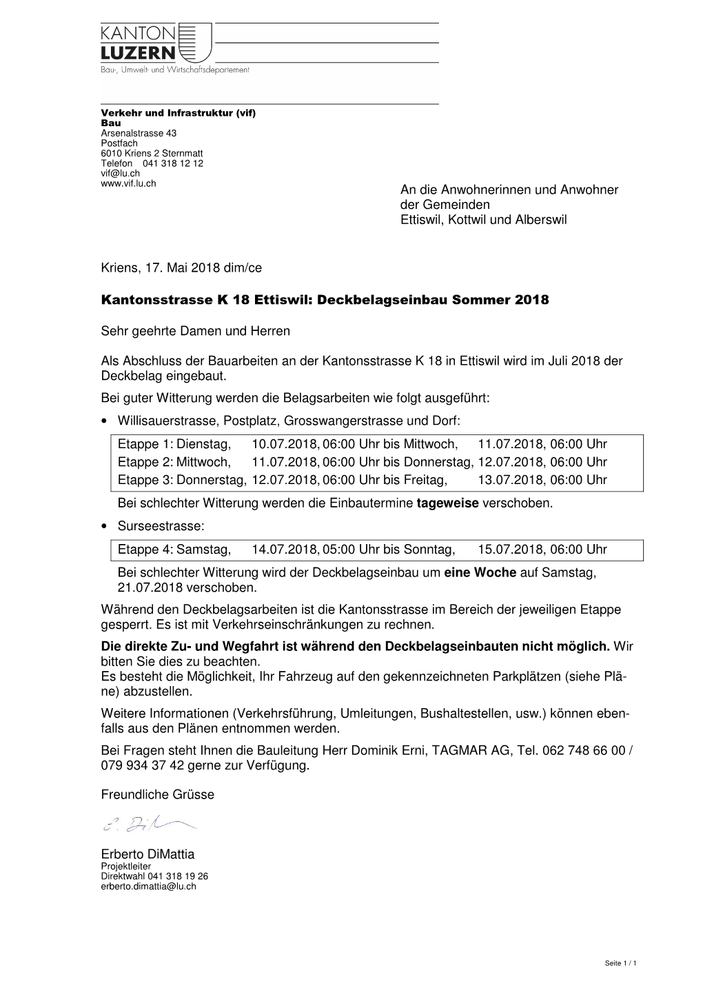 An Die Anwohnerinnen Und Anwohner Der Gemeinden Ettiswil, Kottwil Und Alberswil