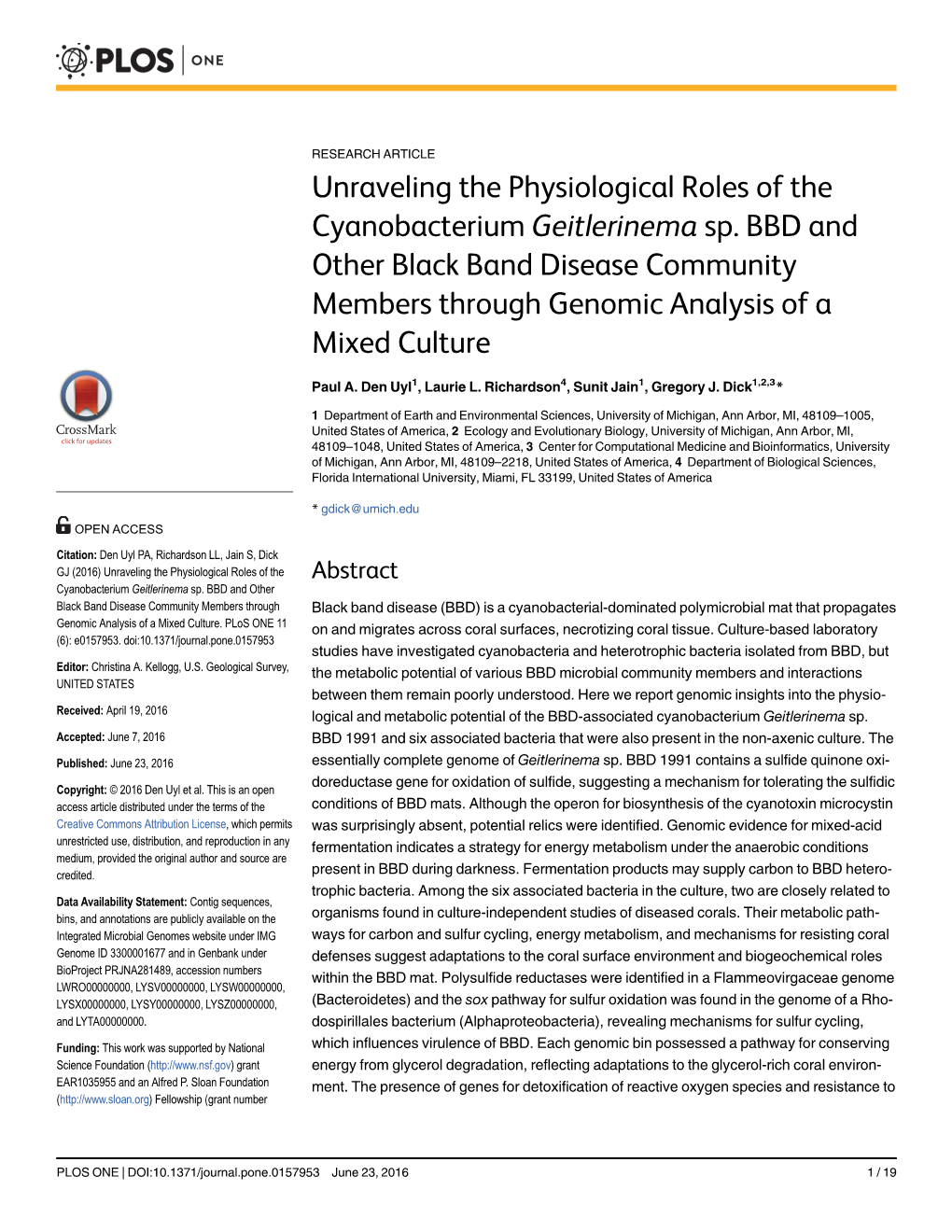 Unraveling the Physiological Roles of the Cyanobacterium Geitlerinema Sp