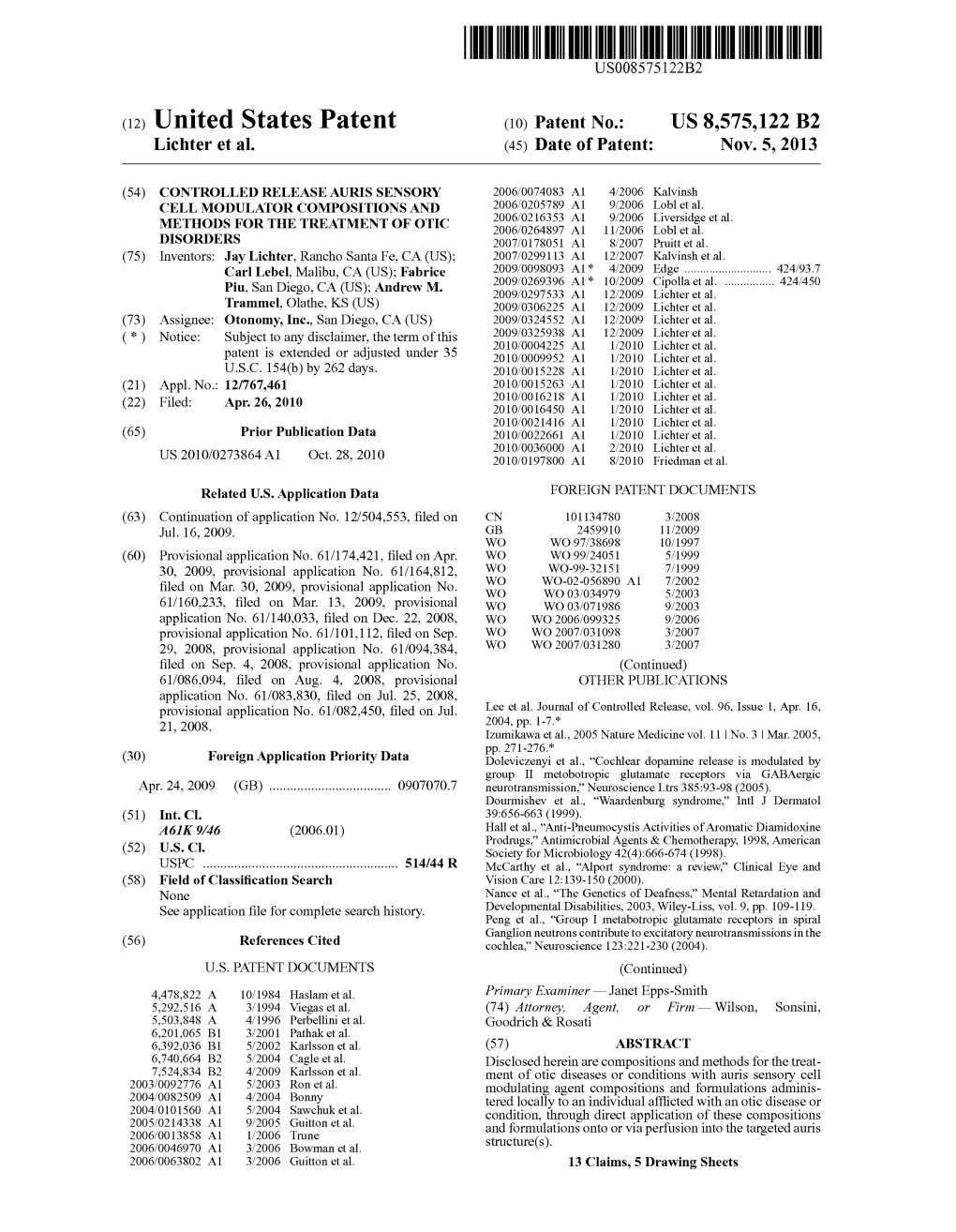 (12) United States Patent (10) Patent No.: US 8,575,122 B2 Lichter Et Al