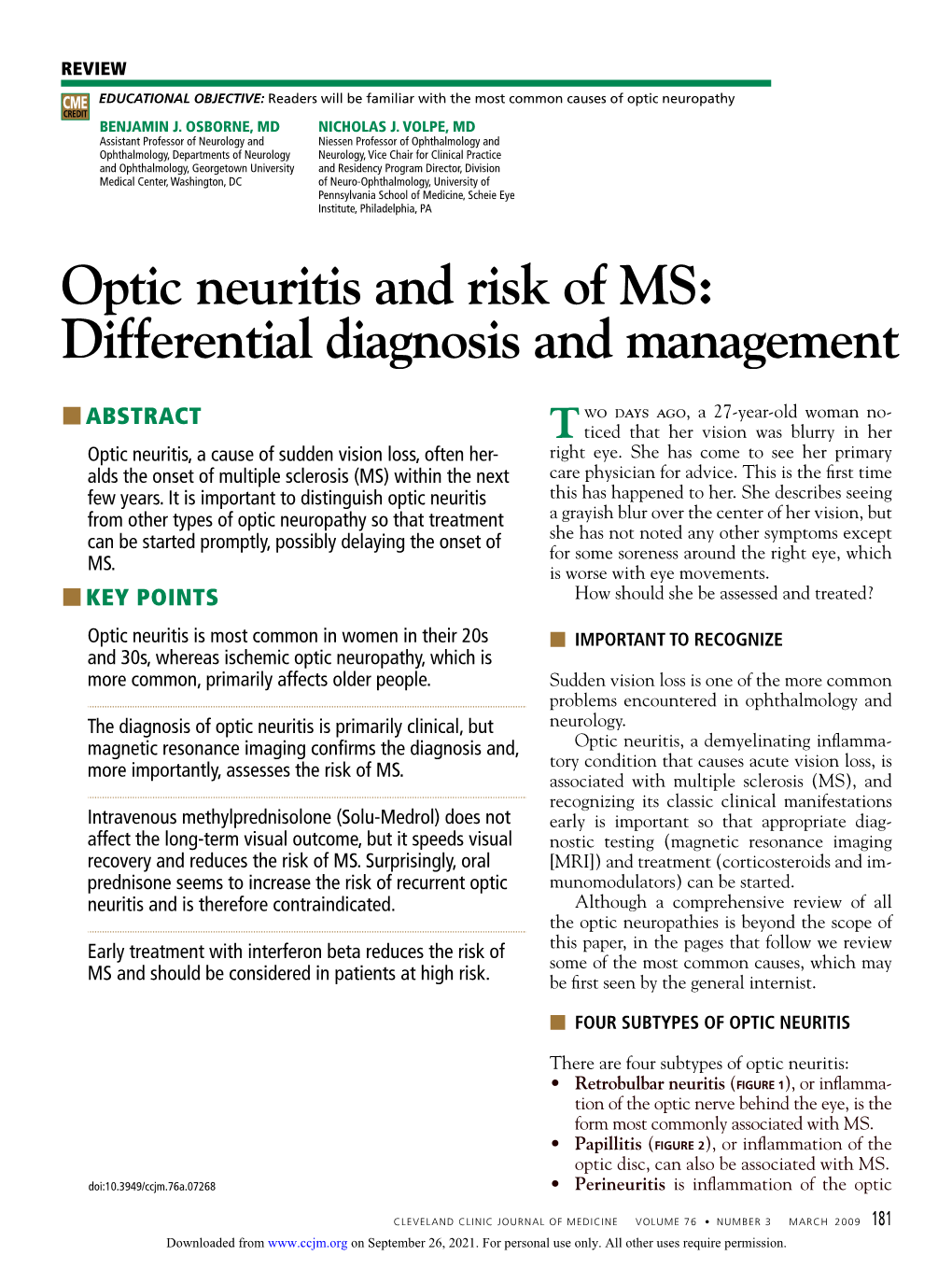 Optic Neuritis and Risk of MS: Differential Diagnosis and Management