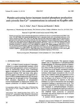 Platelet-Activating Factor Increases Inositol Phosphate Production and Cytosolic Free Ca2+ Concentrations in Cultured Rat Kupffer Cells