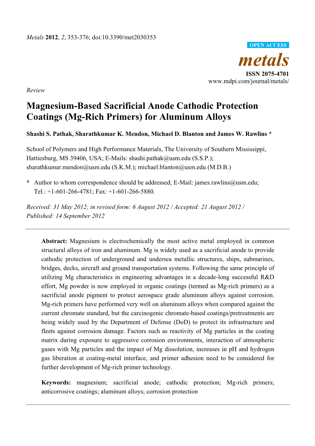 Magnesium-Based Sacrificial Anode Cathodic Protection Coatings (Mg-Rich Primers) for Aluminum Alloys