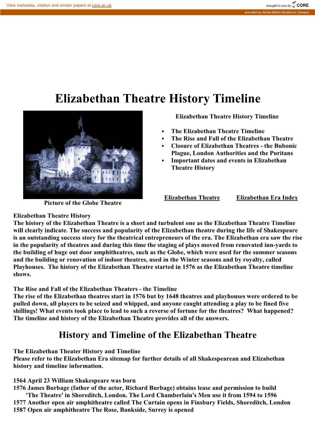 Elizabethan Theatre History Timeline