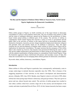 The Rise and Development of Ombatse Ethnic Militia in Nasarawa State, North Central Nigeria: Implications for Democratic Consolidation