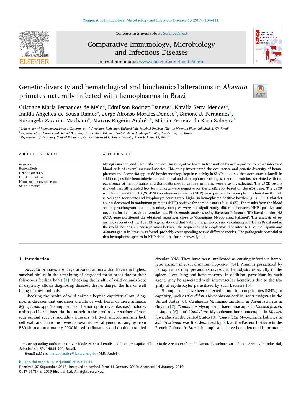 Genetic Diversity and Hematological and Biochemical Alterations in Alouatta Primates Naturally Infected with Hemoplasmas in Brazil T