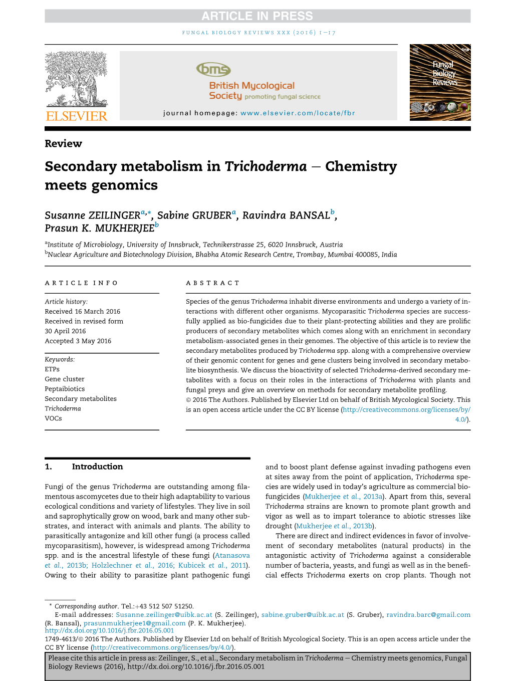 Secondary Metabolism in Trichoderma E Chemistry Meets Genomics