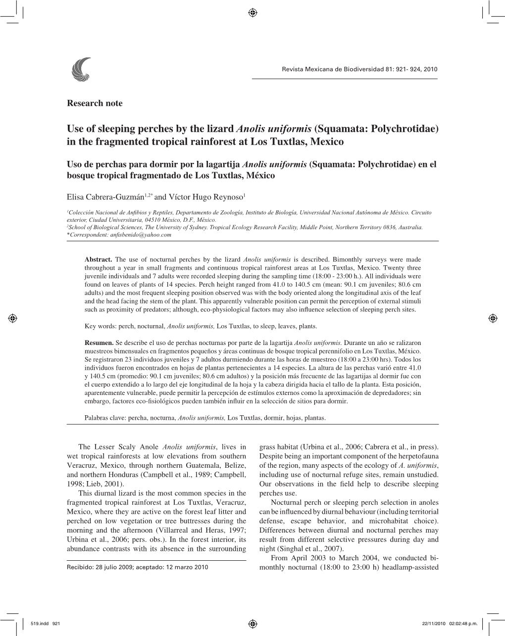 Use of Sleeping Perches by the Lizard Anolis Uniformis (Squamata: Polychrotidae) in the Fragmented Tropical Rainforest at Los Tuxtlas, Mexico