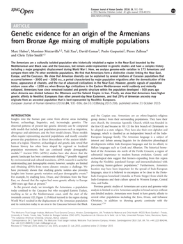 Genetic Evidence for an Origin of the Armenians from Bronze Age Mixing of Multiple Populations