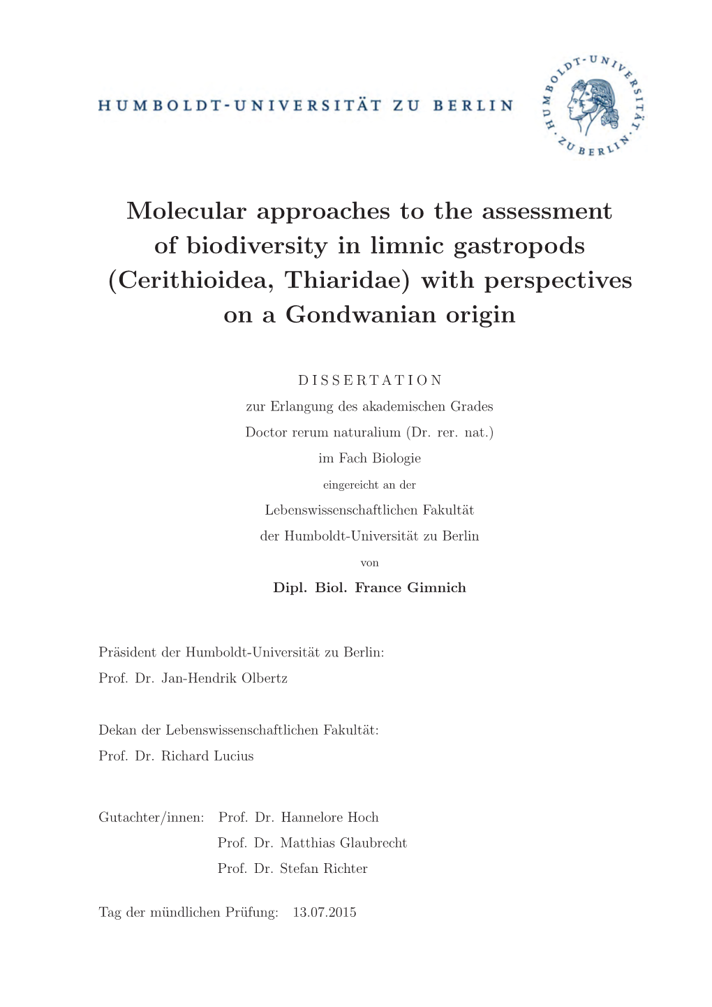 Cerithioidea, Thiaridae) with Perspectives on a Gondwanian Origin