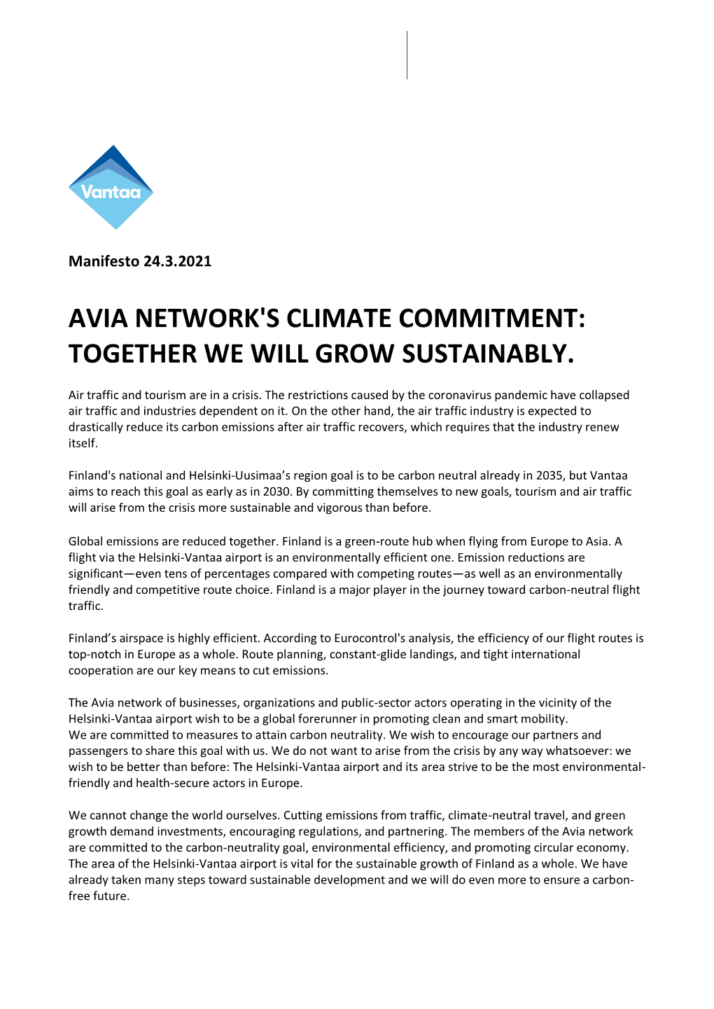 Avia-Network Green Deal Manifesto Climate Committement