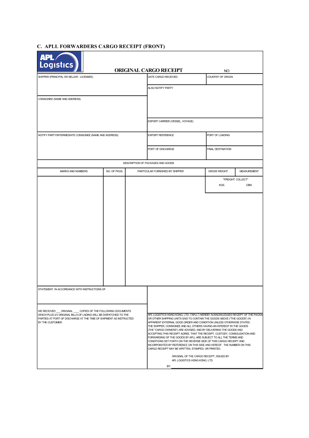 Original Cargo Receipt No: Shipper (Principal Or Seller - Licensee) Date Cargo Received Country of Origin