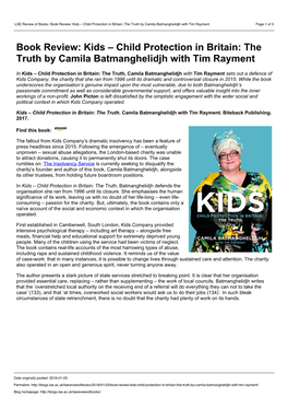 LSE Review of Books: Book Review: Kids – Child Protection in Britain: the Truth by Camila Batmanghelidjh with Tim Rayment Page 1 of 3