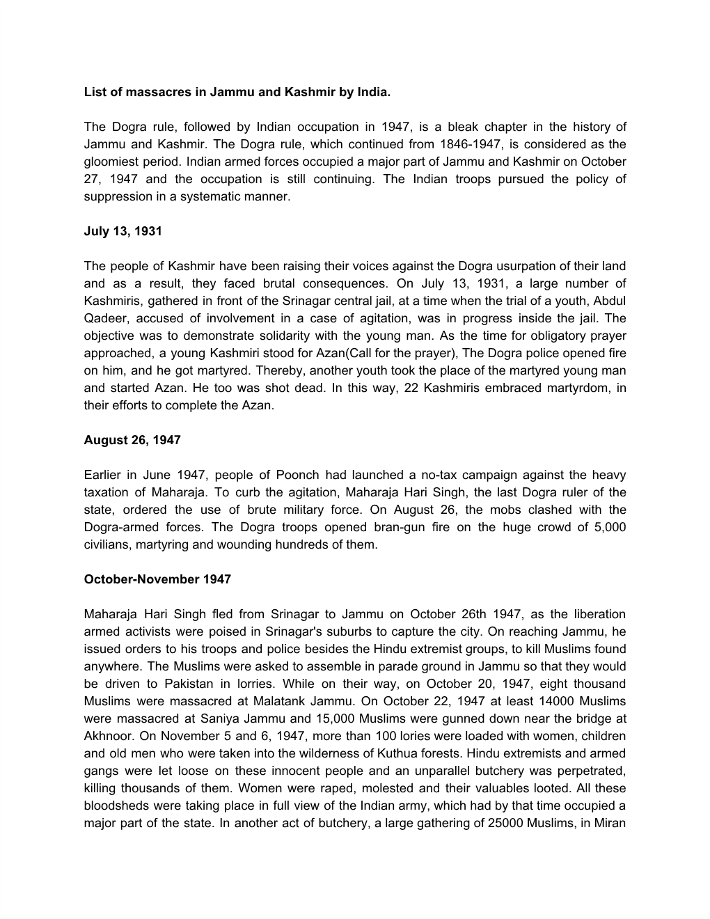 List of Massacres in Jammu and Kashmir by India. the Dogra Rule