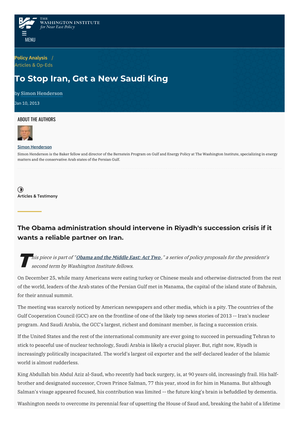 To Stop Iran, Get a New Saudi King | the Washington Institute