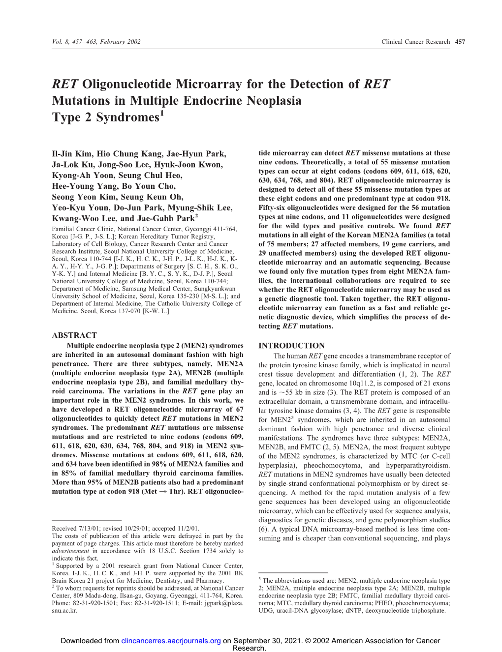 RET Oligonucleotide Microarray for the Detection of RET Mutations in Multiple Endocrine Neoplasia Type 2 Syndromes1