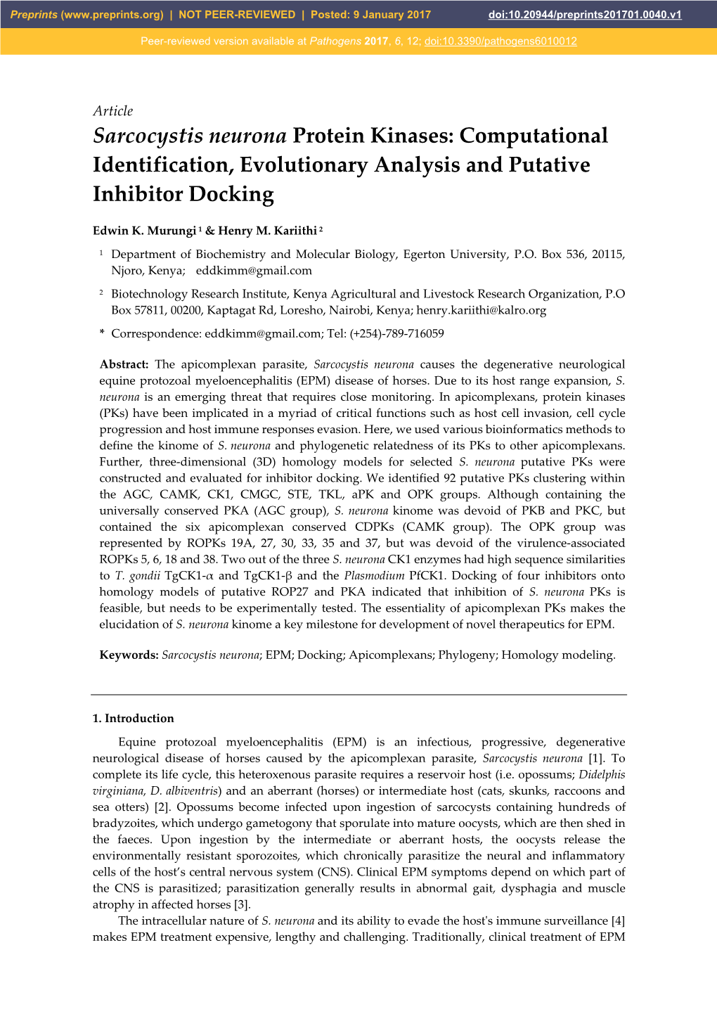 Sarcocystis Neurona Protein Kinases: Computational Identification, Evolutionary Analysis and Putative Inhibitor Docking