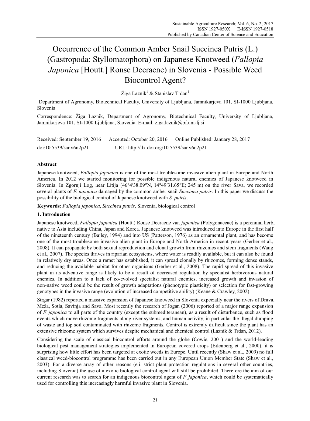 Occurrence of the Common Amber Snail Succinea Putris (L.)