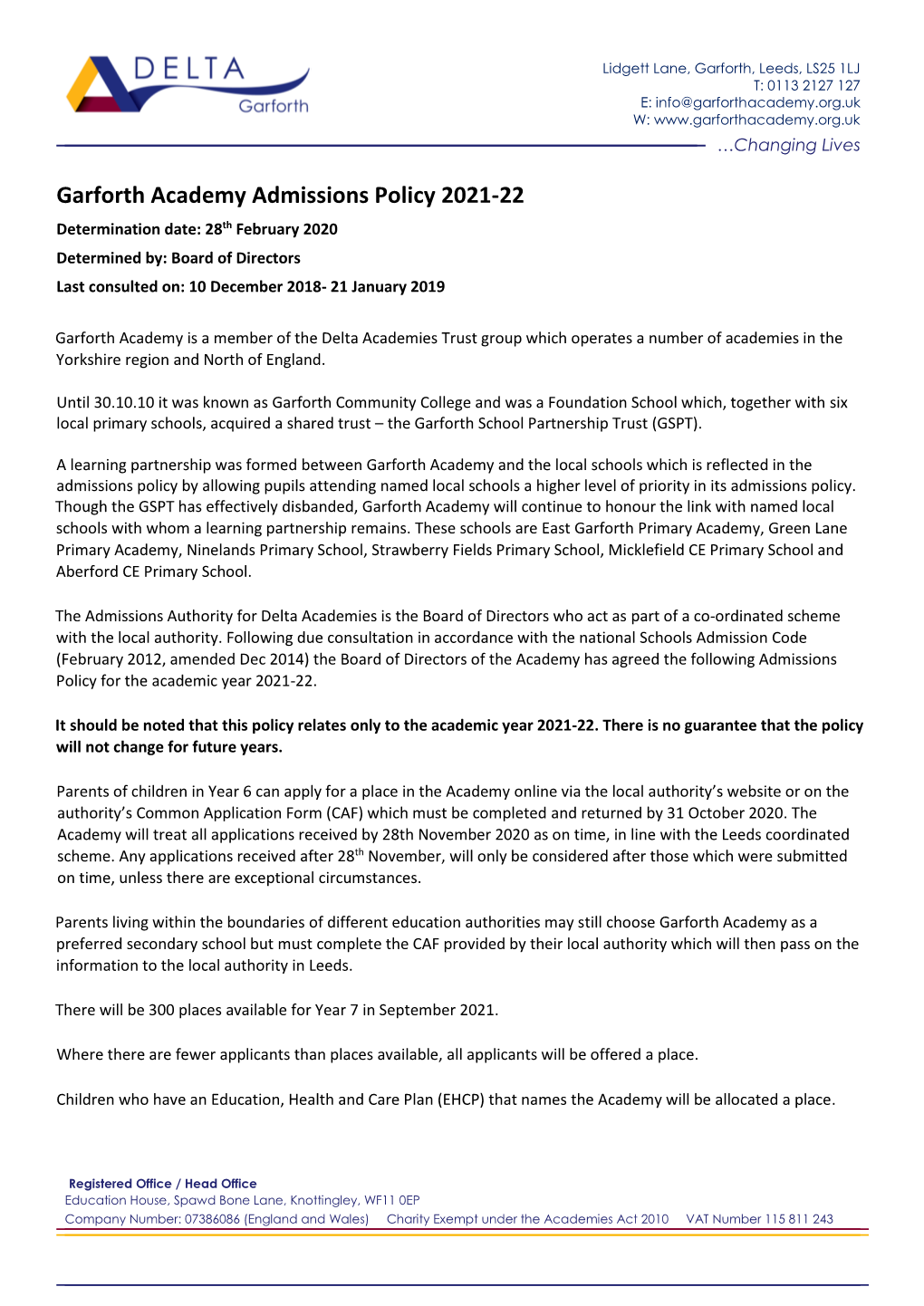 Garforth Academy Admissions Policy 2021-22